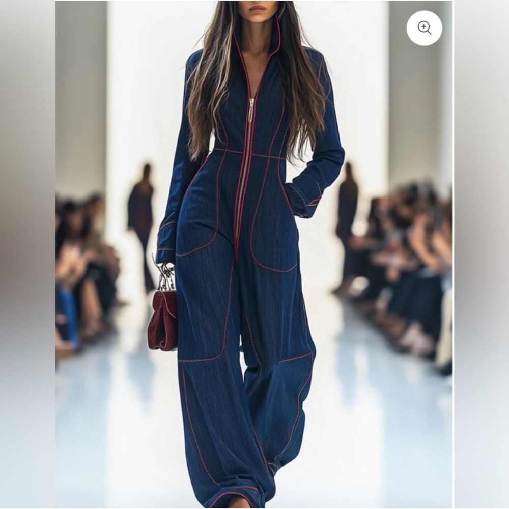 OYROSY Denim Utility Jumpsuit | Red Contrast Stitching | Zip Front | Size M